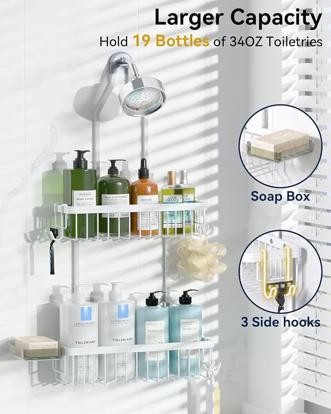 YASONIC Never Rust Shower Caddy Hanging, Aluminum Shower Racks for Inside Shower, 2-Tier Shower Organizer Hanging Over Shower Head with Hooks and Soap Holder, White