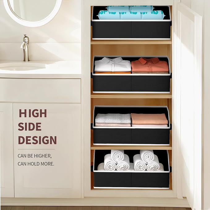 Homsorout Storage Bins for Shelves - Large Trapezoid Closet Shelf Organizer, Fabric Organization Bins with Handles, Storage Baskets for Clothes, Towel, Blanket, 4 Pack, Black