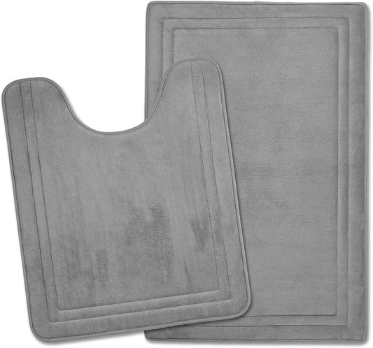 Grey Bathroom Rugs Memory Foam Bath Toilet Contour Mat Set 2 Piece | Non Slip Washable Floor Mats U-Shaped Toilet Rug Soft Absorbent Plush Microfiber Shower Tub Bathmat Gray,32"x20"+24"x20"