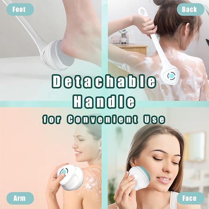 Electric Body Brush for Shower Rechargeable IP67 Waterproof Back Scrubber with 5 Heads 3 Modes Long Handle Spin Brush for Exfoliating Deep Cleaning Back Face Foot