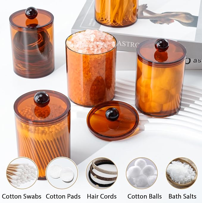 4 Pcs Acrylic Qtip Holder, Cotton Ball Holder Jars with Lids, Brown | Apothecary Jars for Cotton Swabs, Balls, Pads and Floss Picks, Bathroom Vanity Organizer