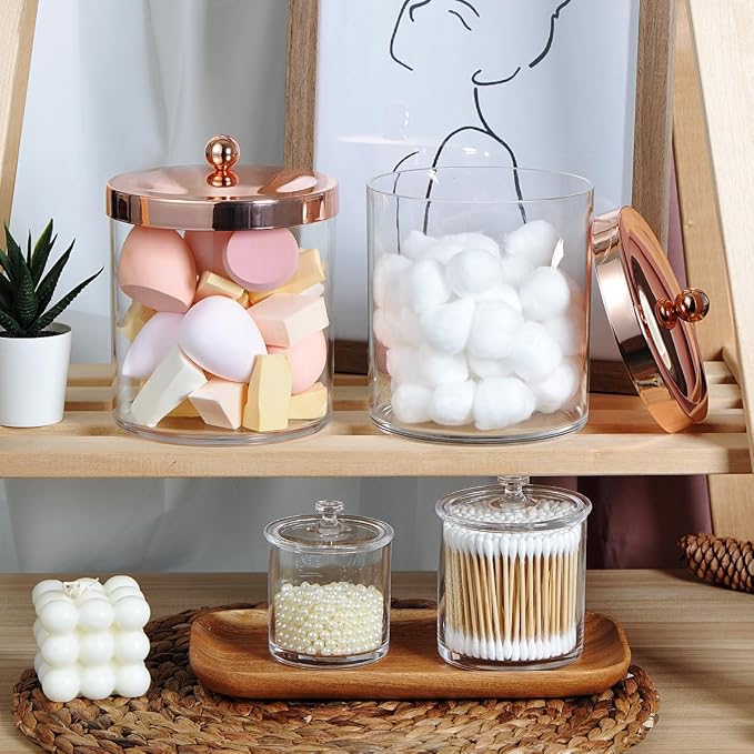 SheeChung 4 Pack 50 Oz Large Apothecary Jar with Rose Gold Rust-Proof Lid - Shatterproof Plastic Laundry Pods Container - Chic Rose Gold Bathroom & Vanity Storage Organizer for Scent Beads, Salts