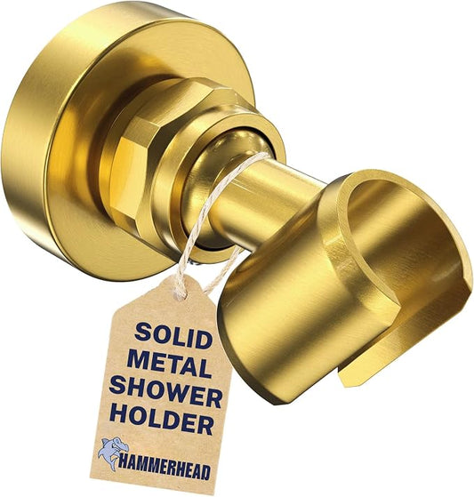 HammerHead Showers Solid Metal Handheld Showerhead Holder Wall Mount, Adjustable Screw-Mounted Pivot Ball, Shower Hose Holder, Fits Most Handheld Showerheads, Brushed Gold