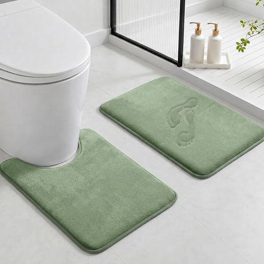 Bathroom Rugs Sets 2 Piece, Non-Slip & Quick Dry Bath Mat Set, Ultra Soft Velvet Bath Rugs for Bathroom, Toilet and Shower Floor, Grey Green