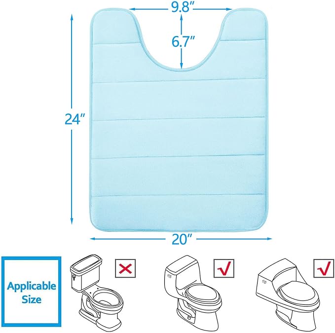 Buganda Memory Foam U-Shaped Toilet Rugs 24 x 20, Absorbent Bathroom mat | Light Blue, Thick Soft Machine Washable toilet mat for bathroom, Contour Bath Rugs Mat for Toilet Base