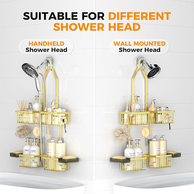 Adjustable Aluminum Shower Caddy Hanging for Handheld Showerhead, Gold | Rustproof Aluminum, Shower Organizer, Anti-Slip, Quick-Drain Shelf, 40lbs Capacity, Suction Cups, 8 Hooks, Razor Soap Holders