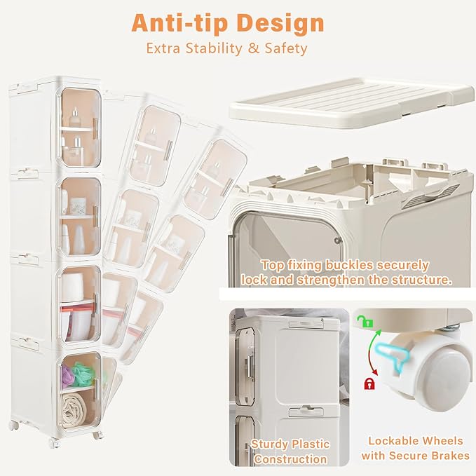 4-Tier Slim Bathroom Storage Cabinet, Tall Narrow Storage Cabinet with Movable Wheels, Adjustable Shelves, Skinny Bathroom Storage Organizer for Small Space, Bathroom, Kitchen, Laundry, Cream White
