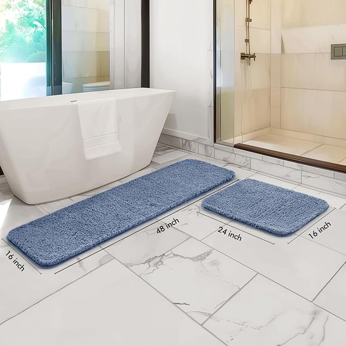 MIULEE Dusty Blue Bathroom Rugs Set 2 Piece Soft Bath Mats 16x24+16x48 Inch | Soft Absorbent Microfiber Bath Rugs, Non Slip, Quick Dry, Fluffy Bath Rugs for Bathroom Floor Tub Showers, Machine Washable
