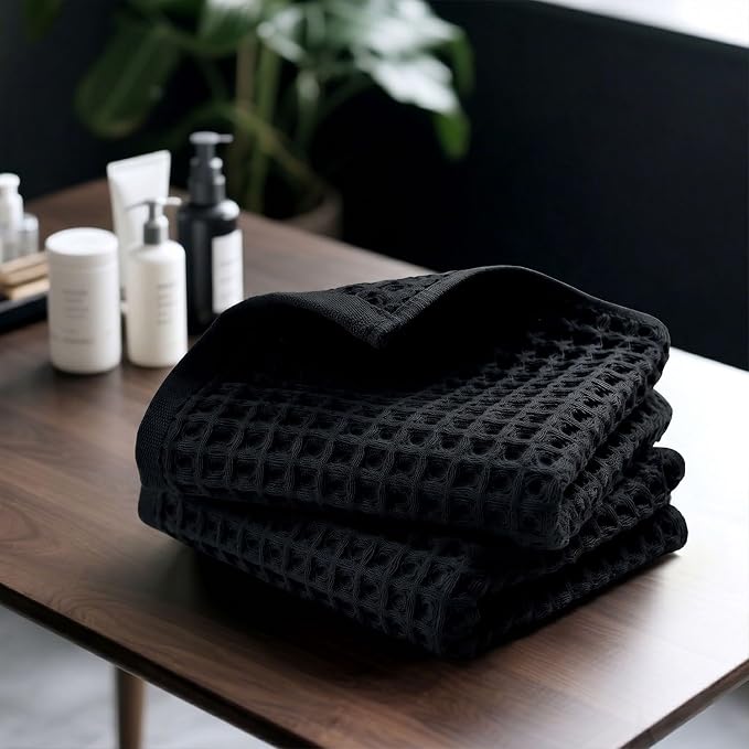 Jacquotha Black Waffle Cotton Hand Towels Set of 2 – Quick Dry, Low Lint | Towels for Bathroom, Kitchen & Daily Life, 13" x 29"
