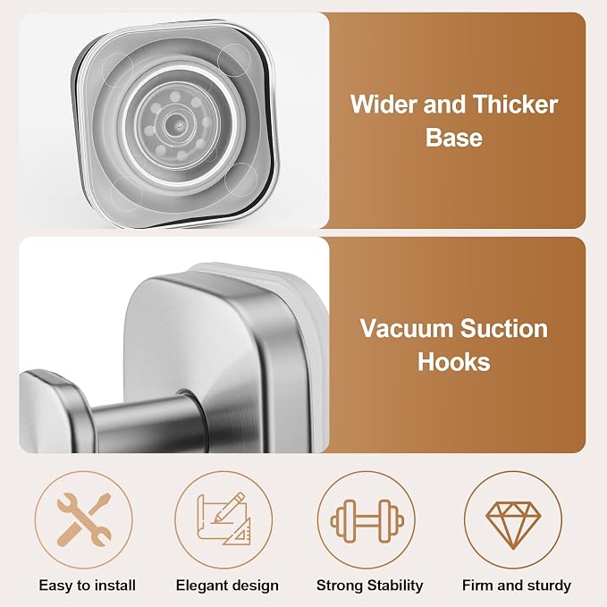 Suction Cup Hooks for Shower, 2 Pack Heavy Duty Suction Hooks No Drilling, Waterproof Rustproof Bathroom Hooks for Towel Robe Loofah, Glass Door Tile Mirror Kitchen