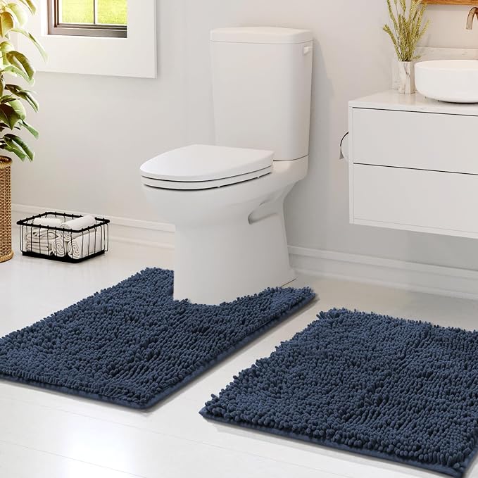 Hearth & Harbor Bathroom Rugs, Chenille Bath Mat - Machine Washable Bath Mats for Bathroom Non-Slip Backing Rubber, Quick Dry Bathroom Mat - Navy Blue 17x24-20x24