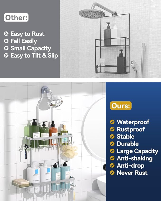 YASONIC Never Rust Shower Caddy Hanging, Aluminum Shower Racks for Inside Shower, 2-Tier Shower Organizer Hanging Over Shower Head with Hooks and Soap Holder, Silver