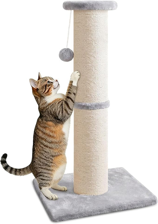 PAWSCRAT 32" Tall Cat Scratching Post, 5-Inch Diameter, Sisal, LightGrey | Natural Sisal Scratching Surface with a Dangling Ball for Indoor Cats, Scratch-Resistant Durable and Protect Your Furniture