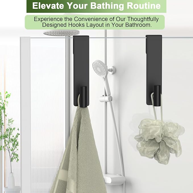Shower Door Hooks, Heavy Duty Rack Hooks for Robe, Stainless Steel Towel Hooks for Bathroom, Fits Frameless Glass Shower Doors up to 3/8" (10mm) Thick (Black, 2 Pack)