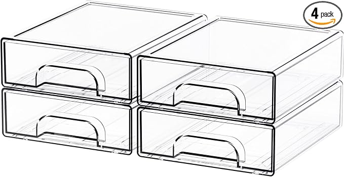 Yieach 4 Pack Small Clear Stackable Storage Drawers,2.2'' Tall Desk Organization and Storage,Plastic Office Supply Organizer,Acrylic Storage Containers for Makeup,Hair Clip,Accessory,Pen,Art Crafts
