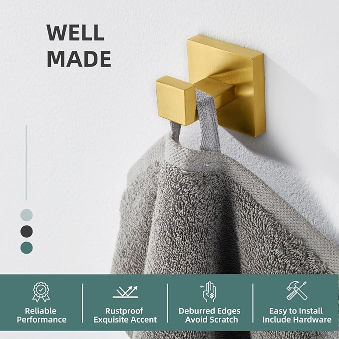 Angle Simple Towel Hook, SUS 304 Stainless Steel Hand Towel Holder for Bathroom, Wall Coat Hook, Brushed Dark Gold