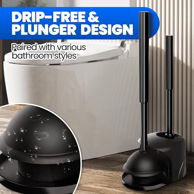 4in1 Toilet Plunger and Brush Set - Home Bathroom Cleaning Tools | 21", Groove Gap Brush, Cleaning Gloves, Heavy Duty Toilet Bowl Cleaner, Apartment Must Haves Bathroom Decor Accessories