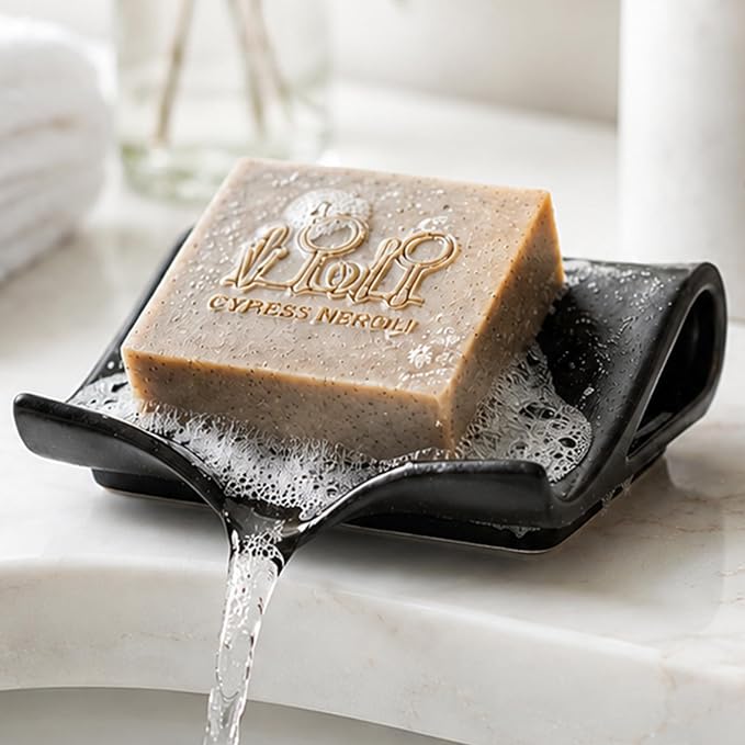 Zoeeker Soap Dish with Drainage, Ceramic Self-Draining Bar Soap Holder | Waterfall Design Soap Drying Tray for Bathroom, Kitchen, Sink, Soap Saver Keep Dry, Extends Soap Life, Black-Brown Glaze
