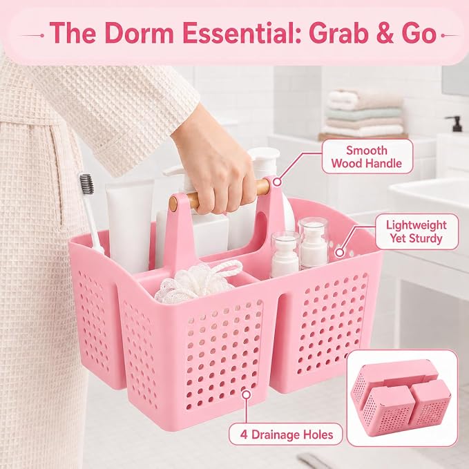 Portable Shower Caddy Basket with Wood Handle, 3-Compartment Bathroom Organizer Tote with Drain Holes, Plastic Shower Basket for Dorm, Toiletries, Cleaning Supplies, Candy Pink