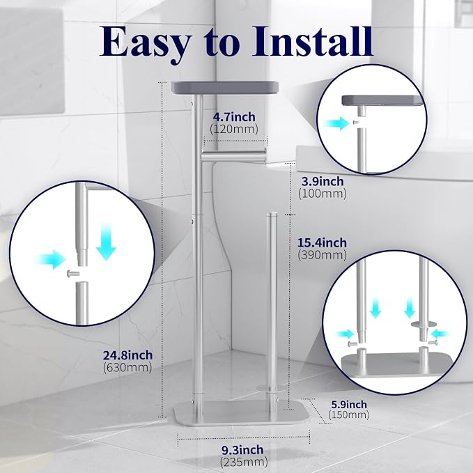 Kitsure Metal Toilet Paper Holder Free Standing, Medium, Silver | Rustproof Toilet Paper Stand for 4 Rolls, Bathroom Organizers and Storage with Anti-Slip Base and Plastic Shelf