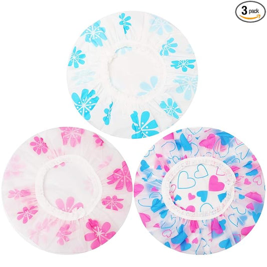 3 Pcs Reusable Shower Caps for Women, Waterproof Bath Hair Caps | Elastic Band Fit, Travel Friendly, for Shower, Makeup, Spa, Cooking