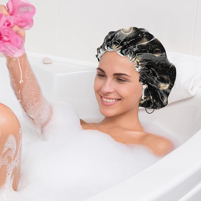 2 PCS Shower Cap Waterproof Double Layer Elastic Adjustable Reusable Hair Bath Caps for Girls Women Cute Aesthetic-Black 2
