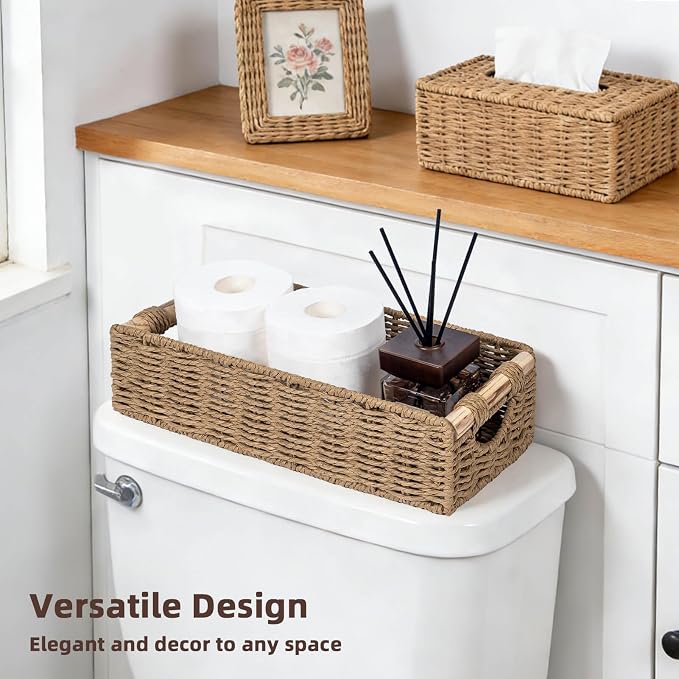 CubesLand Back of Toilet Storage Basket for Organizing w/Cut Out Handle, Handwoven Toilet Tank Top Paper Baskets, Small Wicker Decorative Basket for Countertop, Home, Living Room, Nursery, Neutral