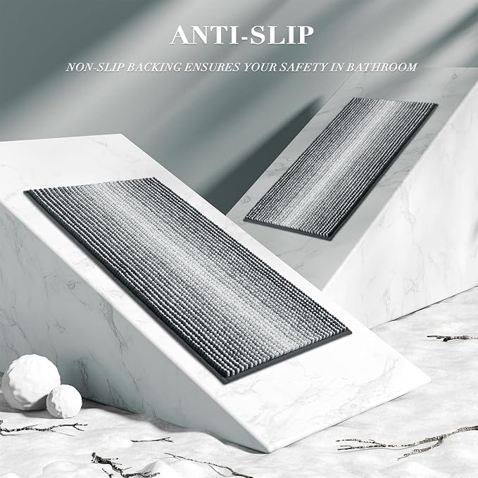 Bathroom Rugs Sets 2 Piece, Non Slip Striped Bath Mats, Blue Grey | 20"x47" Plus 16"x24", Soft Absorbent Chenille, Quick Dry Machine Washable, Shower Rug for Bathroom Floor, Tub, Bedroom Decor