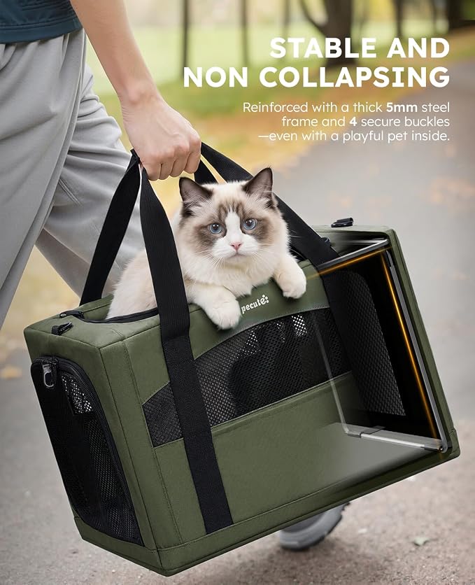 Pecute Cat Carrier Stable, Pet Carrier with Privacy Partition,Green | Safe For Car Travel, Stable Steel Frame, Soft-Sided Pet Carrier Bag For Dogs And Cats Up To 15lbs, Foldable Design,XL.