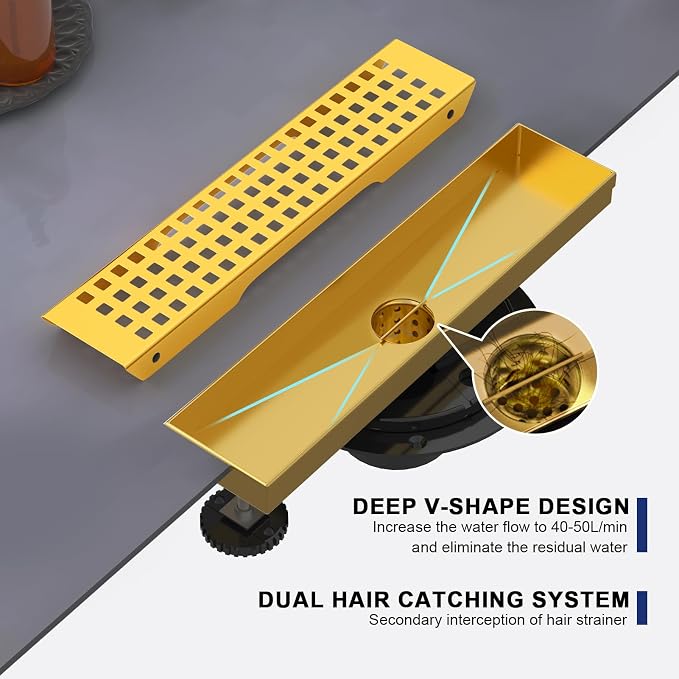 Linear Shower Drain | 12 Inch AISI 304 Stainless Steel Shower Drain, Brushed Gold Linear Drain with Removable Quadrato Grate Cover & Adjustable Feet, Rectangle Floor Drain, in Bathroom Balcony etc