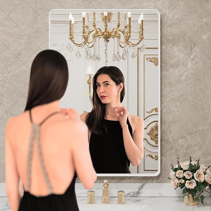 LOAAO 28x36 Inch White Metal Framed Bathroom Mirror | Rounded Rectangle, Anti-Rust, Hangs Horizontally or Vertically