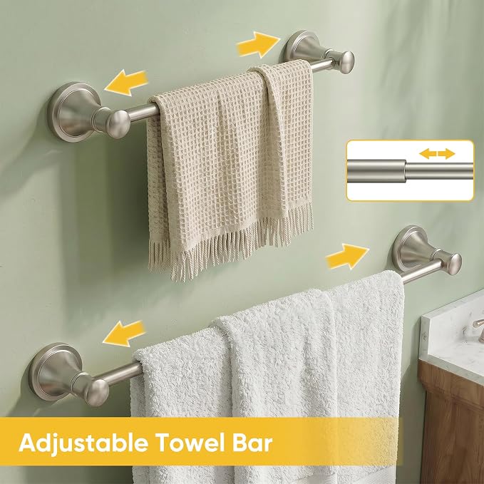 BESy Adjustable 16 to 26 Inch Bath Towel Bar Rack for Bathroom Towel Holder, Wall Mounted Towel Bar Rod Hanger Bathroom Hardware Accessories Hotel Style, Stainless Steel, Brushed Nickel