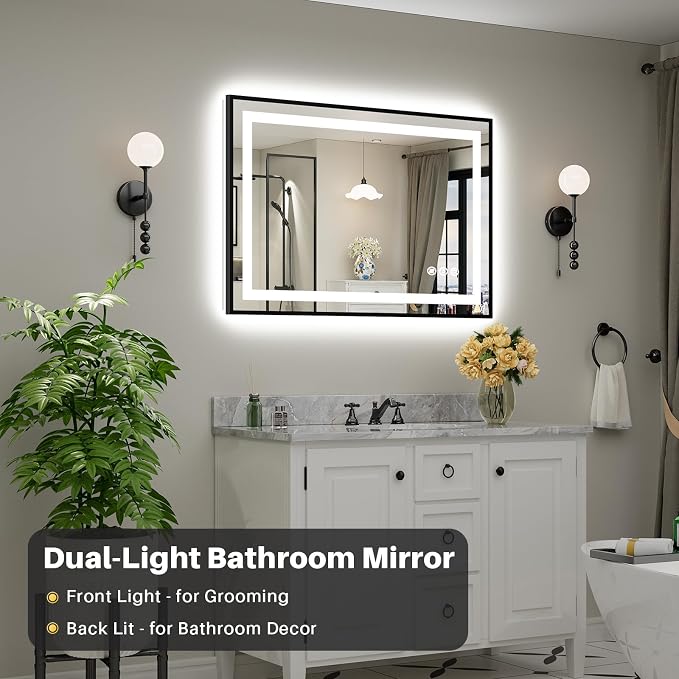 44x30 Inch LED Bathroom Mirror with Black Frame, Backlit & Front Lit | Anti-fog, 3 Color Dimmable, Memory Function, HD Reflection Tempered Glass, ETL Listed, IP54 Waterproof