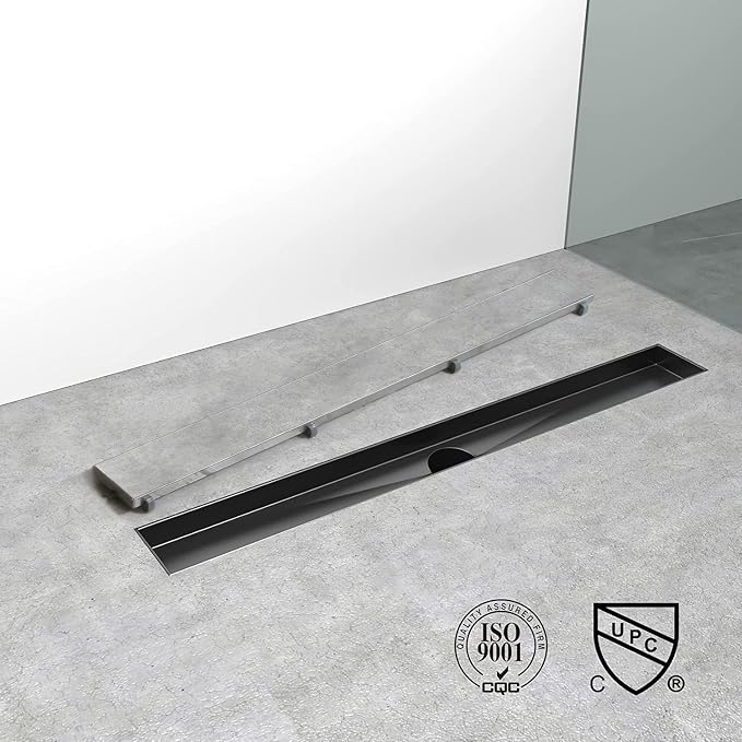 Linear Shower Drain, 24 inch Black Drain with Tile Insert 2-in-1 Panel, Brushed 304 Stainless Steel Shower Floor Drain, Linear Drain with Hair Strainer and Adjustable Feet