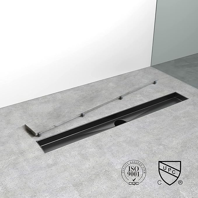 Linear Shower Drain, 48 inch Black Drain with Tile Insert 2-in-1 Panel, Brushed 304 Stainless Steel Shower Floor Drain, Linear Drain with Hair Strainer and Adjustable Feet