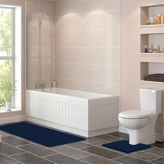 LuxUrux 2-Piece Bathroom Rug Set – Plush Chenille Runner & U-Shaped Toilet Mat, Soft, Absorbent & Non-Slip Design (20x20 U & 27x47 inches, Navy)