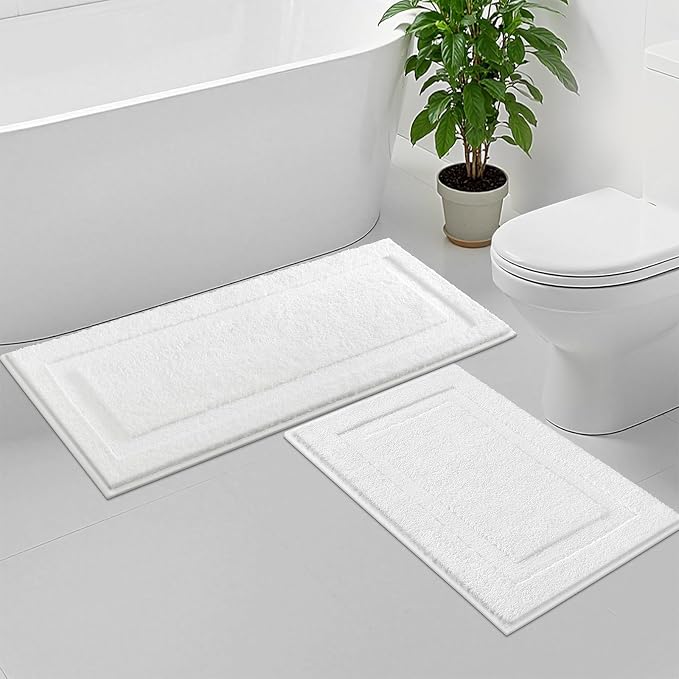SHACOS Soft Microfiber Bathroom Rugs Set of 2 Pieces, White | 47x20 + 32x20, Absorbent Plush Bath Rugs, Non Slip Washable Shaggy Bath Mats, Fluffy Bathroom Runner Floor Mats Shower Rug