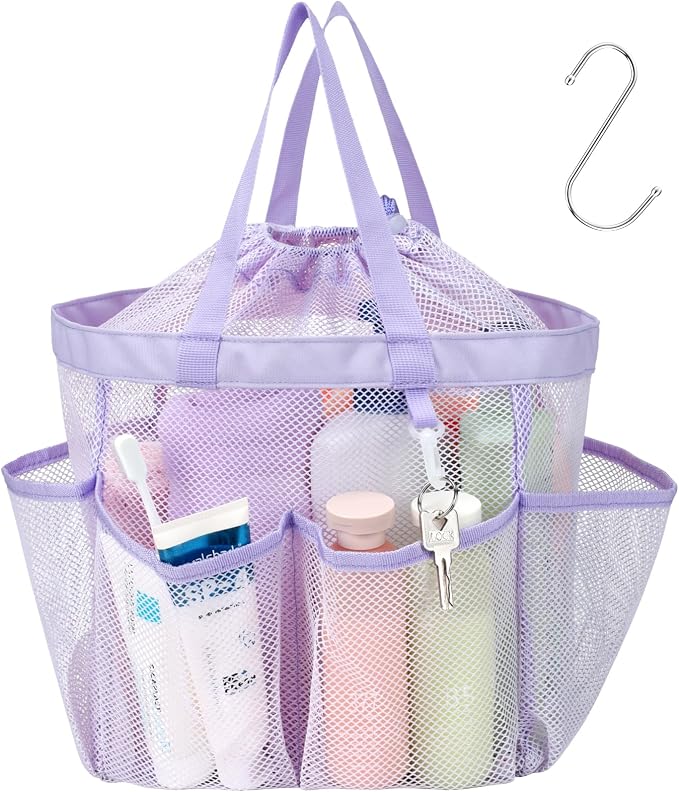 F-color Mesh Shower Caddy Portable with Drawstring - Large 8 Pockets Dorm Room Essentials for Guys Girls with S Hook, Shower Bag Basket Tote for College Camping Gym Travel Toiletry Bathroom, Purple