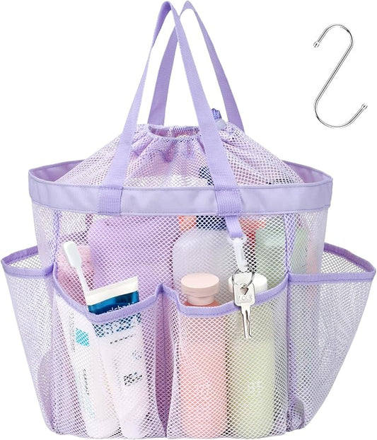 F-color Mesh Shower Caddy Portable with Drawstring - Large 8 Pockets Dorm Room Essentials for Guys Girls with S Hook, Shower Bag Basket Tote for College Camping Gym Travel Toiletry Bathroom, Purple