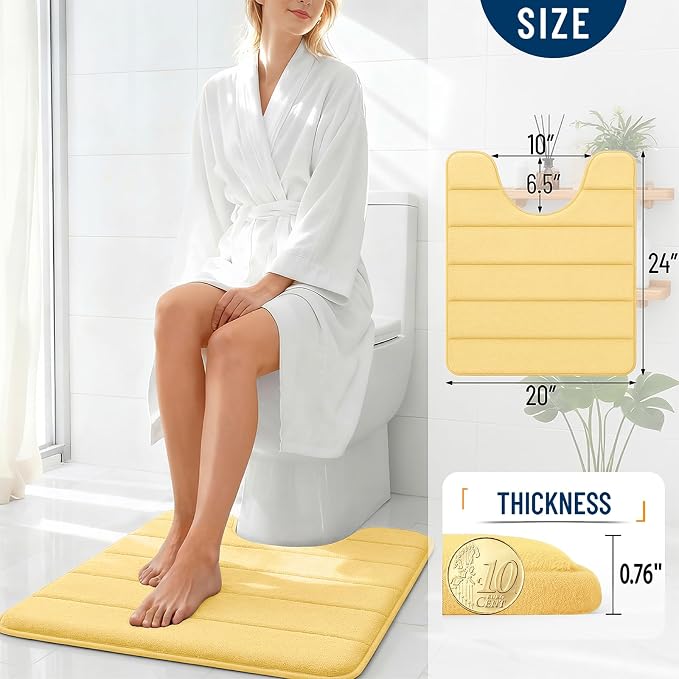 OLANLY Memory Foam Toilet Rugs U Shaped 24x20, Super Soft and Absorbent | Yellow, Quick Dry Commode Contour Bath Rugs, Machine Washable Toilet Mat, Comfortable Bathmat Carpet for Bathroom Floor