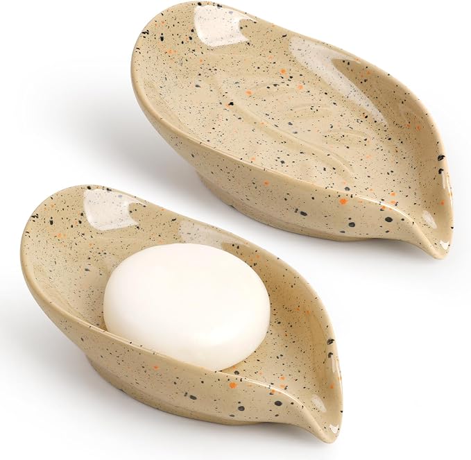 Soap Dish, Self Draining Soap Dishes 2PCS, Leaf Shape Ceramic Bar Soap Holder Drain Soap Dishes for Bathroom Sink Shower Kitchen, Easy to Clean Keeps Soap Dry, ANTIS'S HOME