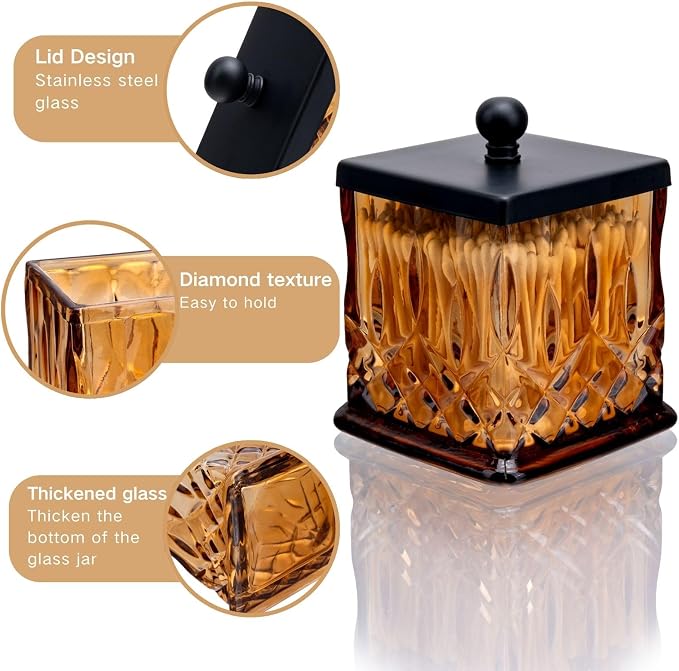 15Oz Amber Glass Q-Tip Holder, Thick Glass & Matte Black Lid | Square Design, for Q-Tips, Cotton Pads, Jewelry, Candy, Square