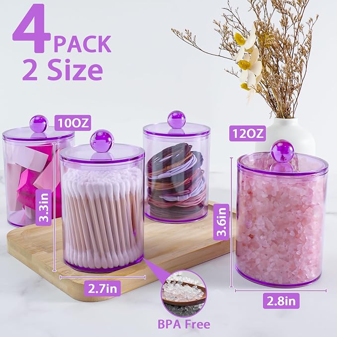 4 Pcs Acrylic Qtip Holder, Cotton Ball Holder Jars with Lids, Purple | Apothecary Jars for Cotton Swabs, Balls, Pads and Floss Picks, Bathroom Vanity Organizer