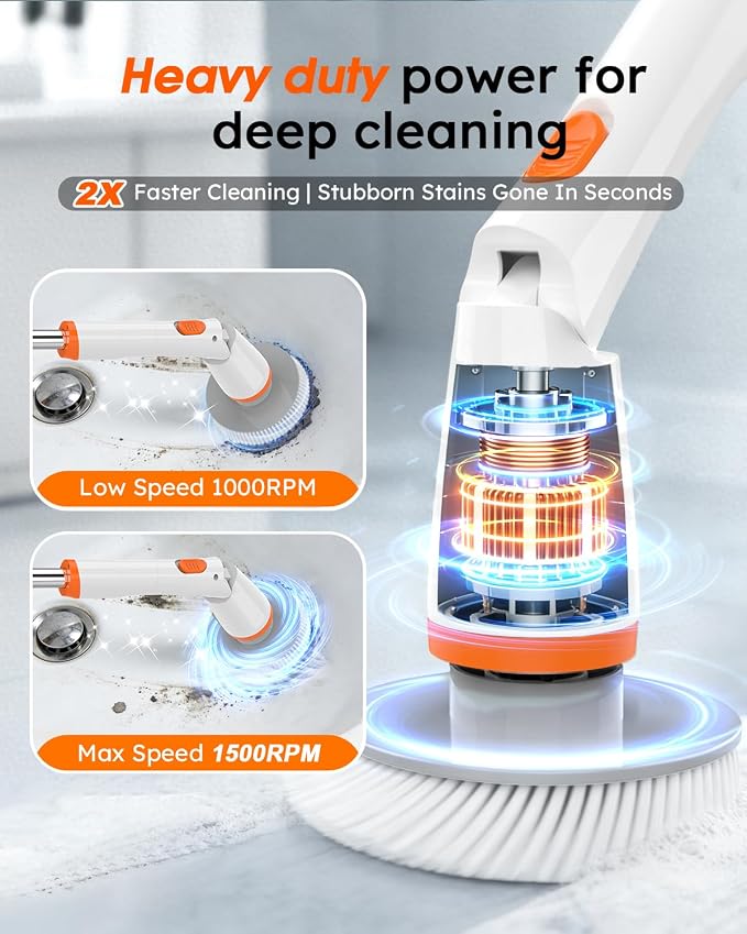 Electric Spin Scrubber,1500RPM Powerful Cleaning Brush for Home | Powerful 1500 RPM cleaning; 4000 mAh rechargeable battery; seven replaceable brushes for bathtub, tile, floor & shower