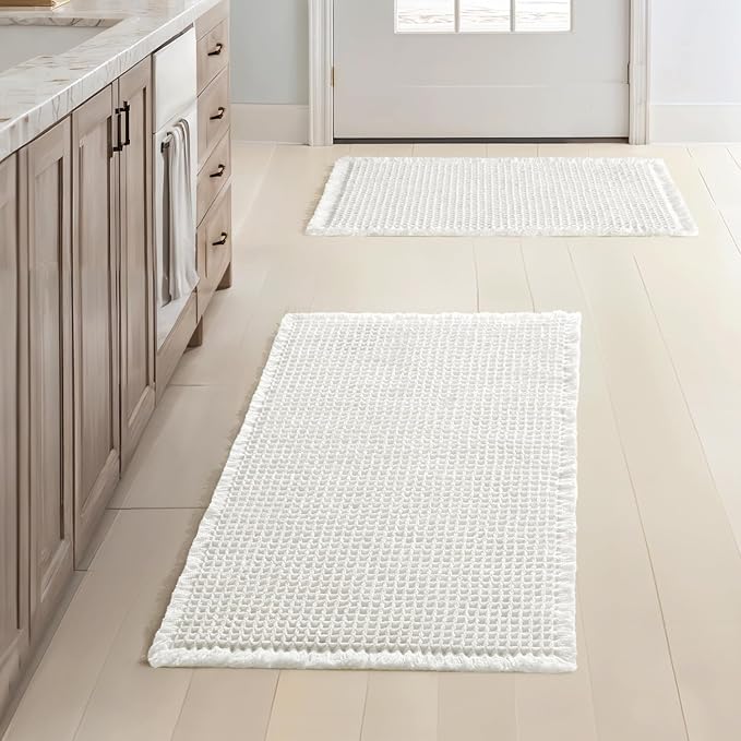 MIULEE Set of 2 Waffle Bathroom Rugs Boho Bath Mat White 17x24 Inch | Non Slip, Super Absorbent, Washable, Ultra Soft, Rubber Backed, Small Bath Rugs for Bathroom Floor Tub Shower