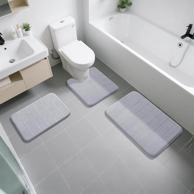 Yimobra Memory Foam Toilet Bath Mat U-Shaped, Commode Contour Rug, Soft and Comfortable, Super Water Absorbent, Non-Slip, Thick, Machine Wash Bathroom Commode Contour Rug, 24 X 20 Inches, Silver