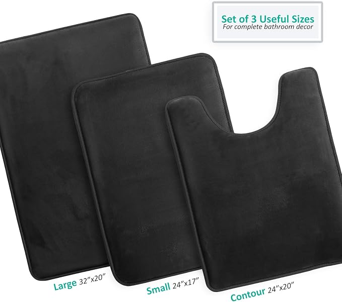 Clara Clark 3 Piece Bathroom Rugs Bath Mat Set, Velvet Memory Foam Bath Mats for Bathroom - Non-Slip, PVC Backing Bath Rugs, Washable - Dries Quickly, Black