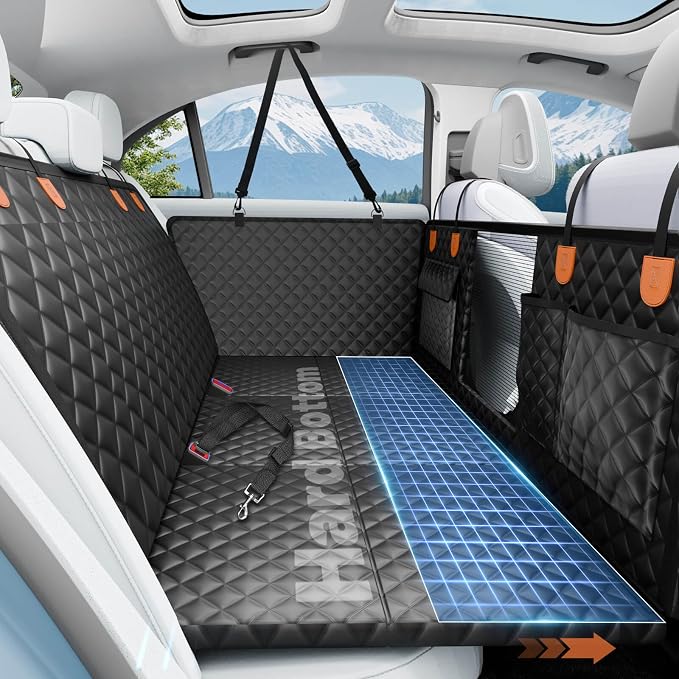 Dog Car Seat Cover for Back Seat, Hard Bottom Hammock Hold 400lbs For Cars | Waterproof,Anti-Scratch,Safety Non-Slip,600D Oxford,Mesh Window,Storage Pocket