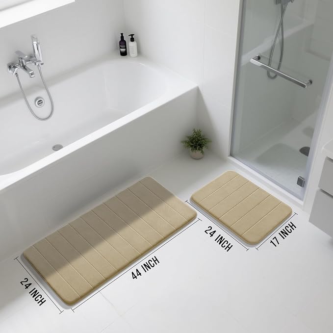 Yimobra Large Bath Mat Set 2 Piece- Super Soft Absorbent Quick Dry Memory Foam Bathroom Rugs, Machine Washable Non Slip Floor Carpet for Tub Shower & Double Vanity (17x24 & 44x24, Pale Khaki)