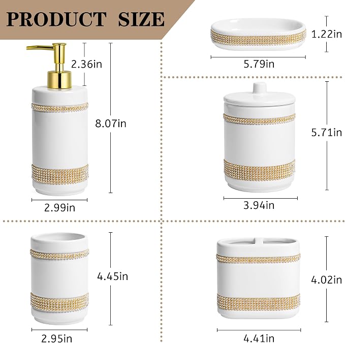 RQYIXI Ceramic 5-Piece Bathroom Accessories Set, Diamonds with White | white ceramic Cotton Swab Jar modern countertop organization
